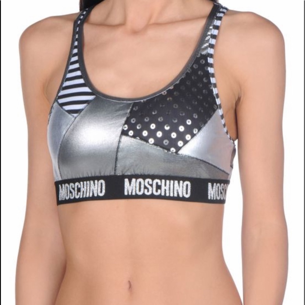 MOSCHINO foil metallic silver logo tape bikini top